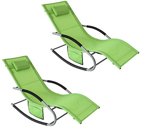 SoBuy Set 2 Tumbonas de Jardín Exterior con Cojín, 150×63×87cm hasta 150 kg | Set de 2 Sillas de Playa con Bolsillo Lateral, Estructura de Metal Robusta, Revestimiento Transpirable, Verde, OGS28-GRx2