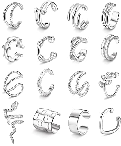 YADOCA 16Pcs Ear Cuff Set Damen Ohrmanschette Ohrringe Earcuffs Set Helix Knorpel Clip auf Wickelohrring Fakepircings Ohr Cuffs Ohrklemme Gold/Silber/Schwarz/Roségold