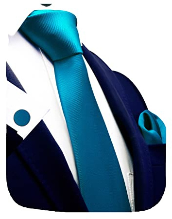 Gusleson Mens Solid Teal Blue Ties For Wedding Neckties and Pocket Square Cufflinks Sets(UK0789-30)