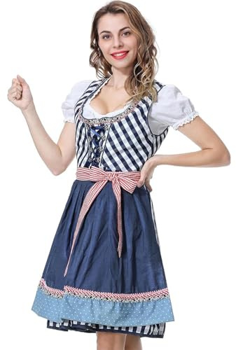 Robe Femme Dirndl Bavière, Vêtements Chic et Élégant, Déguisement Oktoberfest avec Dentelle de Chemisier et Tablier, Dirndl Tenue Bavaroise, Costume Dame Traditionnelle Carnaval Bière Fête Set (42)