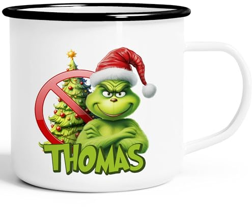 MoonWorks® Emaille-Tasse Weihnachtsnörgler Weihnachtstasse Mann Frau mit Namen personalisierbar Geschenk lustig Weihnachtsmuffel Emaille-weiss-schwarz standard