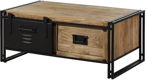MASSIVMOEBEL24.DE | Blackburn Couchtisch aus Massivholz u. Eisen #103 | Mangoholz - Natur, lackiert | 120x70x50 cm | 1 Schiebetür, 3 Fächer und 1 Schublade | Wohnzimmer Massivholztisch Beistelltisch