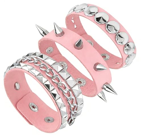 Tosmifairy 3PCS Mens PU Leather Bracelets Set Studded Wrap Wrist Cuffs Punk Rock Y2K Emo Wide Wristband Accessories for Women (Pink)