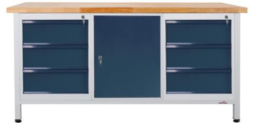 Steinbock Werkbank 6 Schubladen + Tür | 170x84x60 cm | 500 kg | Grau | 500 kg Tragkraft | 4 cm geölte Massivholz-Arbeitsplatte aus Buche | stabiles Stahlgestell | Werktisch | Made in EU