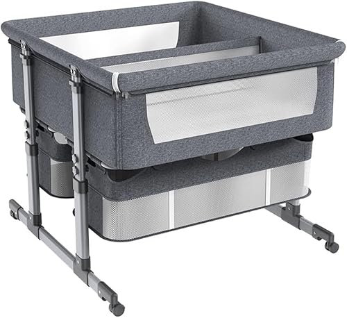 MIDUOLAI Babywiege Beistellbett Zwillinge Wiege FüR Babys Wagen FüR 2 Babys Beistellbett FüR Kleinkinder Mit Aufbewahrungskorb HöHenverstellbar, Tragbar,Dark Grey