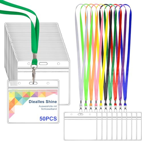 Diealles Shine Portatarjetas de Identificación, Paquete de 50 Portatarjetas de Identificación con Cinta, Porta Credencial de PVC Transparente Para Negocios, Ferias, Escuela (Color)