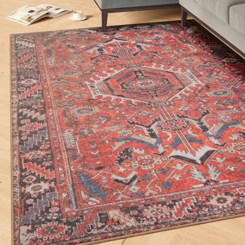 Machine Washable Vintage Red Cotton Rugs Eastern Pattern Stain Resistant Liquid Repellent Living Area Bedroom Rug 200cm x 290cm (6ft 7 x 9ft 6)