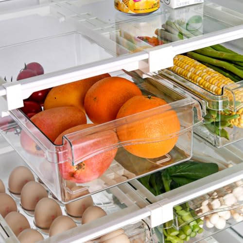 RANJIMA Lot de 2 Organiseurs de Réfrigérateur, Tiroirs Extensibles Boîte de Rangement Système de Rangement pour Réfrigérateur Cuisine pour Fruits et légumes Frais