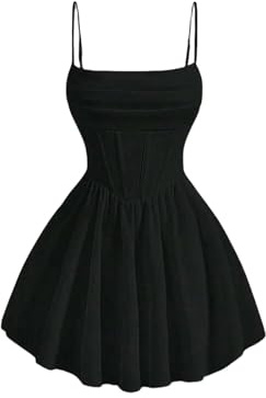 YIMAISZQ Damklänningar ruched korsettklänning spagettistropp fit and flare flödande skater mini cami-klänning - svart, XL