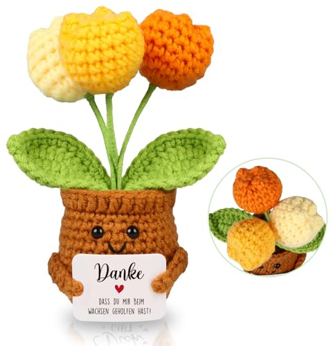 WenmthG Kleines Dankeschön Geschenk Glücksbringer Gehäkelte Blume Tulpen für Frauen Freunde Kollegen Abschied Ruhestand Weihnachts Papa Mama Oma Opa Pocket Hug Blume Positive Kartoffel Deutsch Ersatz