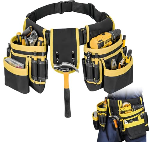 Cinturón de Herramientas, Porta Herramientas Cintura, Magnética Cinturon Portaherramientas Ajustable con 12/28 Bolsillos para Hombre, Electricistas, Carpinteros, Trabajadores de Construcción
