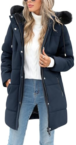 Tuopuda Manteau Femme Hiver Doudoune Chaude Veste Polaire Longue Blouson Femme Chic Manteaux Parka Imperméable à Capuche et Zippé Coupe-Vent Idee Cadeau, Marine, L