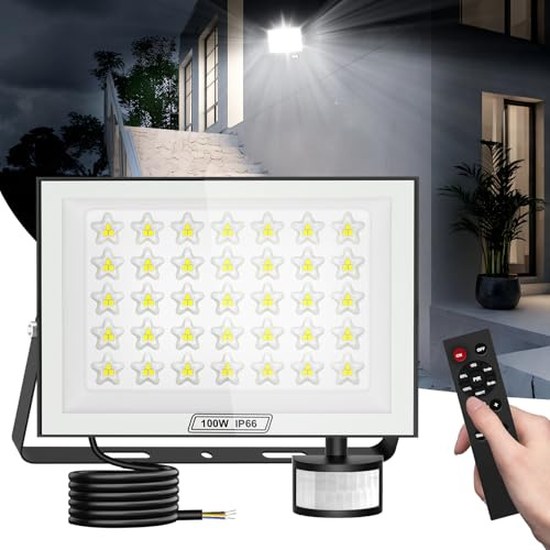 papasbox 100W Led Floodlight Outdoor, 10000LM Security Lights Outdoor Motion Sensor, IP66 Waterproof Spotlight, 6500K LED Work Light, PIR Lights with 50cm Cable for Garden Garage Court Patio