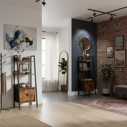 HOMYLIN Rustikales Flur-Sideboard mit Schublade und 4 offenen Regalen, Industrieller Dielen-Schrank mit Metallrahmen für Schuhe, Schlüssel & Alltagsgegenstände, Braun