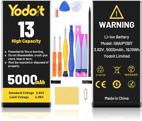 Yodoit Batterie pour iPhone 13, 5000mAh Batterie 0 Cycle Haute Capacité avec Outils de Réparation