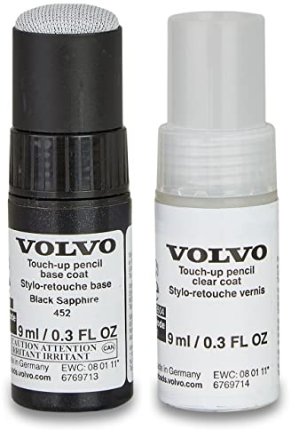 Volvo Original 452 Black Sapphire metallisk färgpenna set – 9 ml baslack, 9 ml klarlack – lackreparationsset reparationsfärg svart 31266519