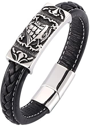 Skcess Magnetarmband Herren Schwarz，Herrenarmbänder Aus Leder Segeln Lederarmband Rostfreier Stahl Lederarmband Herren 18.5cm