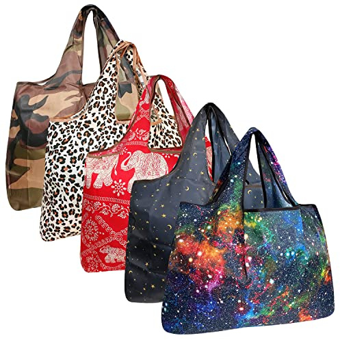 allydrew Large Foldable Tote Nylon Reusable Grocery Bags, 5 Pack, Exotic Space