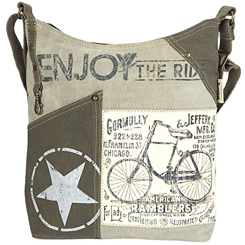 Sunsa Damen Umhängetasche. Hobo Tasche aus Canvas/Segeltuch & Leder. Groß Vintage Stil Crossbody Bag mit Fahrradmotive für Fahrrad Liebhaber. Nachhaltige Handtasche als Geschenkideen