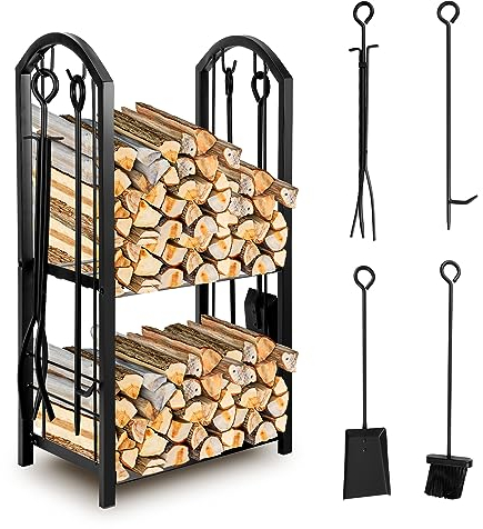 Ansobea 37x33x74cm Soporte de Madera de 2 Niveles Metálico Leñera Registro de Leña con 4 Herramientas Estantería para leña Soporte para Leña para Interiores y Exterior