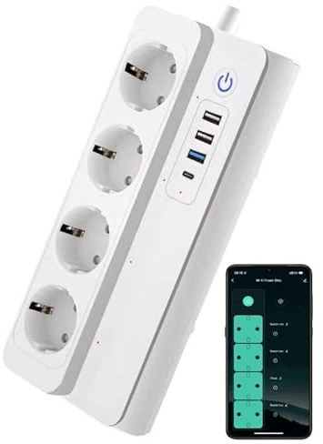 Power Strip WiFi (UseeLink PD 20W 3 USB-A Port 1 Type-C Port 20W 4 AC outlets Individual switches for up to 8 Devices from a Single Wall Charging Unit 5 Foot Extension Cord) Works with Echo