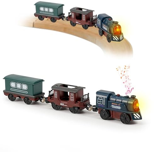 Battery Train for Wooden Track - 3 Pcs Magnetic Retro Battery Operated Light Up Train Toys with Sound, Wooden Train Track Accessories for 3+ Toddler Kid Boy Girl Birthday Christmas Halloween(Green)