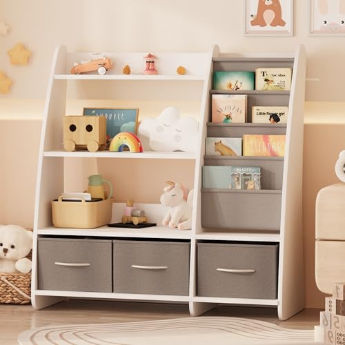 KEEPREAPER Kinderregal mit 3 Aufbewahrungsboxen, Bücherregal Kinder aus Holz mit 4 Ablage & 3 offnen Fächern, für Kinderzimmer, Spielzimmer, 91x38x92cm (Weiß-B)