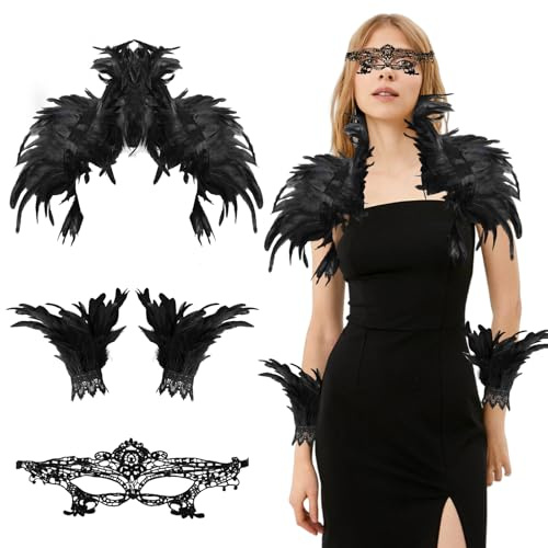 Federkragen Schwarzer Kostüm Damen mit Feder Manschetten, Federumhang Schwarz Maleficent Kostüm Gothic Feder Cape, Gothic Feder Achselzucken, Pfau Raben Kostüm Damen für Karneval Cosplay Maskerade