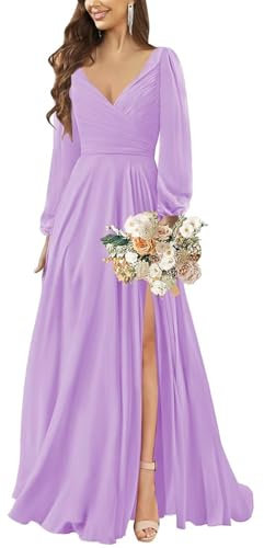 HPPEE Abito da damigella d'onore a maniche lunghe da donna con spacco plissettato in chiffon lungo abito da sera formale, Lilla, 46