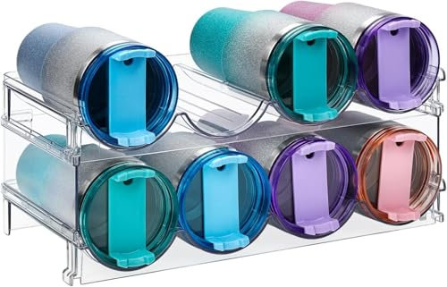 KAHEIGN 2Pcs Water Bottle Organizers, 39CM x 21CM Clear Stackable Tumbler Storage Rack Plastic Water Bottle Holder for Fridge Kitchen Cabinet Pantry Wine Bottles Mug Cup Drink (Hold 8 Bottles)