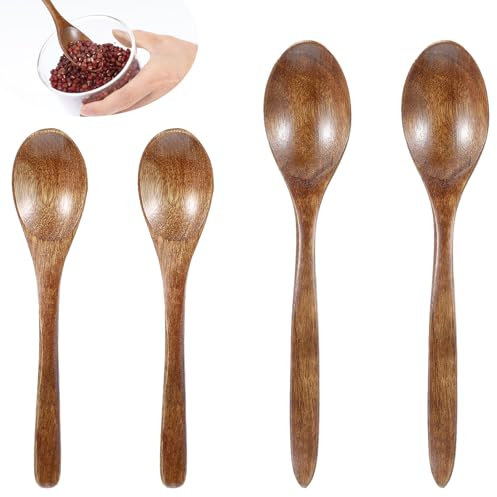 4 Pack Small Wooden Spoons, Natural Wooden Honey Spoon Coffee Spoon Mini Wood Teaspoons Handmade Spoons for Tea Coffee Honey Sugar Condiment Soup Rice Mixing Stirring(2 pcs 15 cm + 2 pcs 18.7 cm)