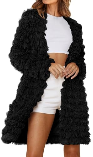 Women'S Fuzzy Fleece Long Jacket Open Front Long Sleeve Furry Coat Faux Fur Warm Winter Outwear Cardigan Sherpa Shaggy Jackets Thickened Windproof Outwear Ladies Full Length Cardigan Coat