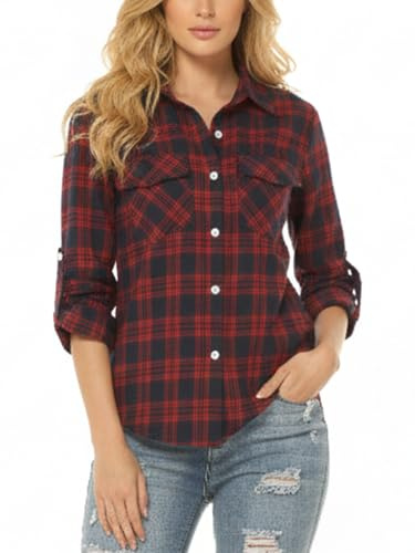 Famrrifuu Chemise a Carreaux Femme Classique Chemisier en Flanelle Bucheron Western Élégant Blouse 100% Coton Décontractée Shirt
