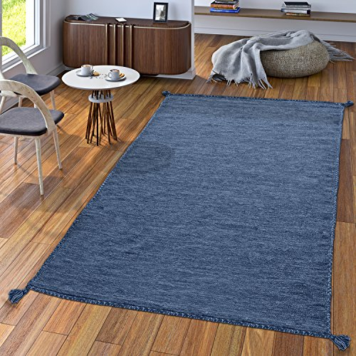 TT Home Alfombra Diseño Kilim Tejida A Mano 100% Algodón Moderna Azul Jaspeado, Tamaño:120x170 cm