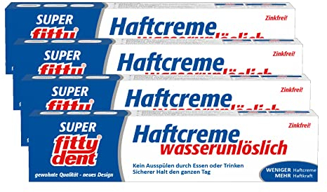 fittydent super Haftcreme, Klebt statt nur zu haften – einen ganzen Tag, Für Voll- und Teilprothesen, Geschmacksneutral, Ohne Farb- und Aromastoffe, (4er Pack, 40 g)