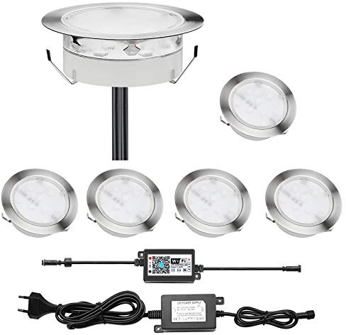 LED Einbaustrahler, 6er Set WiFi Bodeneinbaustrahler Aussen Ø80mm RGB Treppen Einbauleuchten Steuerbar via App, IP67 Wasserdicht Außenleuchten Boden Lichter Kompatibel mit Amazon Alexa, Google Home