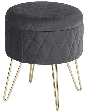 WOLTU Storage Ottoman Chair Stool Dark Grey Upholstered Footstool Velvet Dressing Table Stool Pouf Couch Stool Hairpin Golden Steel Legs Removable Cover, (DiaxH) 31.5x36cm