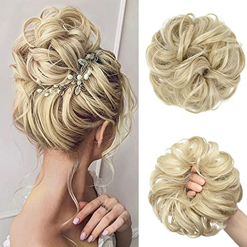JJstar Haarteil Mit Gummiband, Groß Dutt Haarteil Gelockt Haargummi Mit Haaren Hochsteckfrisuren Haarverlängerung Messy Bun Haarteile für Damen Mädchen Pferdeschwanz (Helles Aschblond)