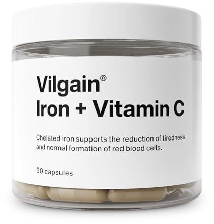 Vilgain ® Eisen + Vitamin C | Synergetische Kombination für Immunsystem | Energie & Müdigkeitsbekämpfung | Bioverfügbares Eisen | 100% Tagesdosis, Vegane | Ohne unerwünschte Zusatzstoffe | 90 Kapseln