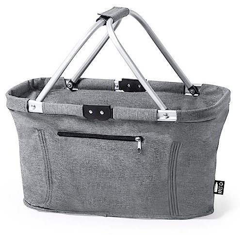 Hållbar vikbar shoppingkorg tillverkad av återvunnen PET med aluminiumram vikbara handtag och ytterficka 46 x 26 x 29 cm