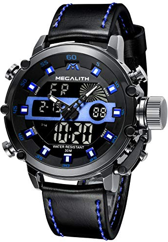 Orologio Digitale Militare Sportivo da Uomo - Quadrante Grande LED Analogico Digitale Impermeabile con Allarme, Cronometro, Calendario - Cinturino in Pelle Nero - Regalo per Uomo