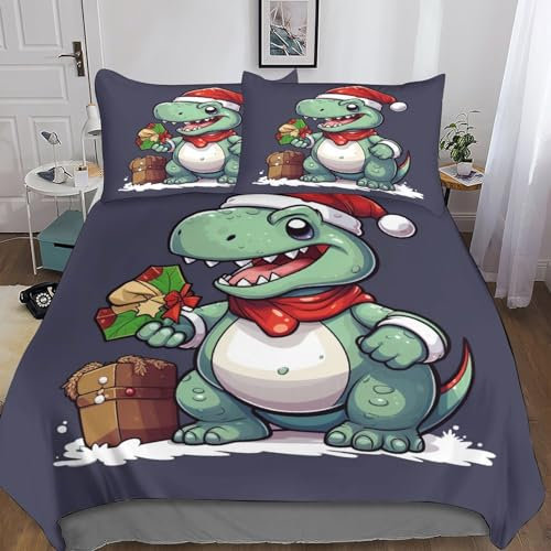 dinosaure de Noël Sets Housse De cadeaux pour enfants Couette Avec Taies D'oreiller Mode Unique 3D Géométrique Imprimé Microfibre Literie Parure Linge De Lit Avec Fermeture Éclair 3Pcs King（220x240cm）