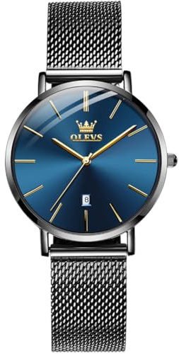 OLEVS Mujer Reloj Ultrafino Reloj de Pulsera de Malla de Acero Inoxidable Minimalista Relojes de Cuarzo Negro Correa Resistente al Agua para Mujer Relojes de Vestido con Fecha Esfera Azul