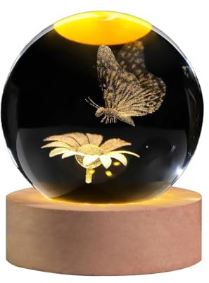 AOFEGRLT Sfera di cristallo 3D a forma di farfalla incisa al laser con supporto, sfere decorative in vetro da 60 mm, statuetta di farfalla di cristallo, luce notturna, regalo per donne, ragazze, mamme