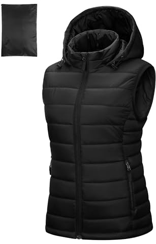 Outdoor Ventures Womens Puffer Gilet with Hood Packable Warm Quilted Vest | Bodywarmer, Lightweight, 3 Zippered Pockets, Water Resistant, Windproof, Sleeveless, for Running Cycling Hiking