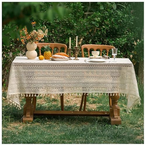 Boho Gehäkelte Spitzen Tischdecke, Geometrisch Gestreifte Vintage Tischwäsche mit Quasten, für Küche Esszimmer Wohndekor(140x260cm(55x102in))