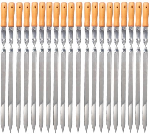 ZMC 20 spiedini per kebab da 55 cm, in acciaio inox, 2 cm di larghezza, 2 mm di spessore, con manico in legno, antiruggine, per carne, verdure, pesce, stabili e riutilizzabili per barbecue e barbecue