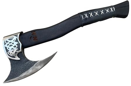 NovaHaven Handmade Decorative Axe - Carbon Steel Blade with Ash Handle - Various Blade Designs with Leather Handle - Includes Protective Case - 4 Variants (Curved Blade)