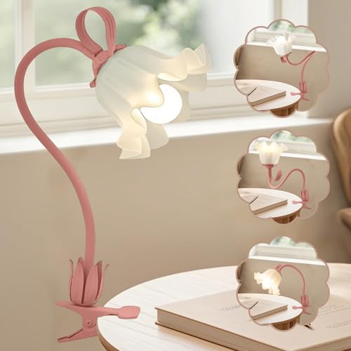 Proaustin Lampada da scrivania a forma di fiore con clip, 3 modalità di colore, luce LED per lettura, flessibile a collo di cigno con clip, luce da comodino per letti, testiera, scrivania, ufficio
