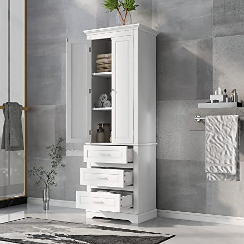 SKJDCSDLLSN Tall Storage Cabinet with 2 Doors and 3 Drawers, Freestanding Bathroom Floor Cabinet with Adjustable Shelves, Linen Organizer for Living Room, Kitchen Pantry (White+MDF+3)